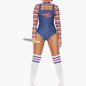 Fashion Nova Blue Denim Bodysuit with Striped Accents